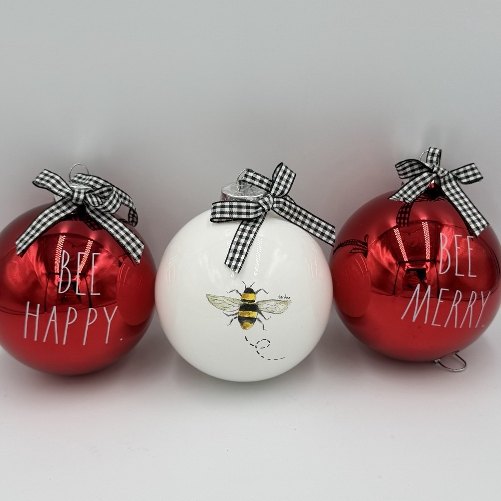 4" Round Christmas Ball Ornaments Red White Bee Happy Merry Buffalo Bow‎ Glossy
